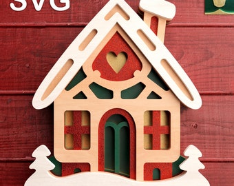 Cute House 3D Layered V11 | Digital Cut File - SVG, DXF, PDF | Compatible with Cricut, Silhouette, Glowforge | Christmas House Template