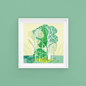 Tree house square print. 21x21cm. Green illustration. Watercolour paper image 1