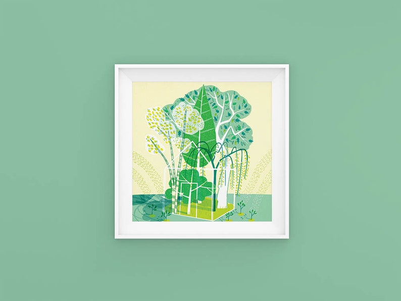 Tree house square print. 21x21cm. Green illustration. Watercolour paper image 1