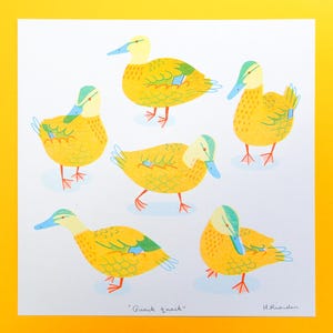 May include: Illustration of six yellow ducks with blue and green accents. The ducks have blue beaks and red feet. The phrase "Quack quack" is written at the bottom of the image.
