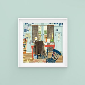 Dylan Thomas square print.  21cm x 21cm. Writing shed. Laugharne, Carmarthenshire.