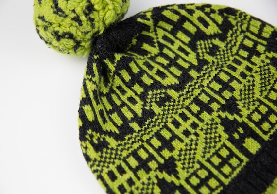 Hebden Houses fairisle pattern Charcoal and Lime bobble hat Cashmere knitted hat with pom-pom machine knitted Luxury beanie