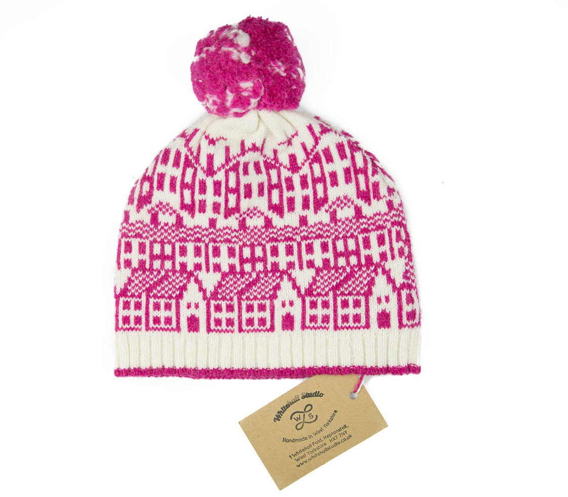 Hebden Houses fairisle pattern Charcoal and Lime bobble hat Cashmere knitted hat with pom-pom machine knitted Luxury beanie