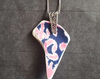 Blue and Pink Antique China Dish Pendant, Blue Pink Design Pendant, Antique Broken China Pendant, Dish Pendant, Handmade Pendant for Her