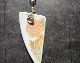 Handmade Antique China Pendant: Broken Flower Design, Sterling Silver Necklace,