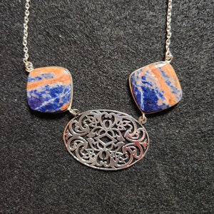 Sodalite Linked Jewelry, 925 Sterling Silver Sodalite Gemstone Necklace, Orange Sodalite Necklace, Sterling Filigree Handmade Jewelry