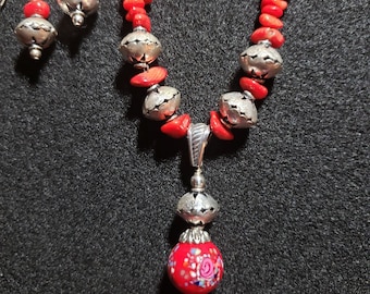 Handmade Red Coral Necklace Set: Sterling Silver, Gemstone, Christmas , Gift for Her