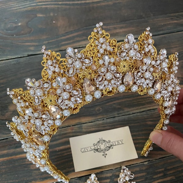 Crystal Pearl Tiara ~Gold Pearl Bridal Crown~Gold Crown ~Gold Bridal Earrings~Gold Bridal Crown