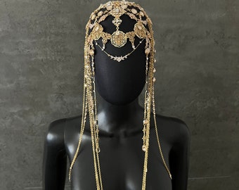 Gold crystal headpiece~Gold headpiece~Gold tiara~Gold wedding headpiece~Wedding headpiece~Chain headpiece