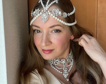 Pearl set~Silver headpiece~Pearl necklace~Wedding headpiece~Bridal headpiece~Bridal necklace