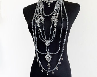 Collar largo ~ Collar de declaración ~ Collar de plata ~ Collar nupcial ~ Joyería nupcial de boda