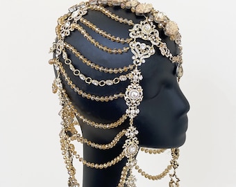 Catena per capelli con cristalli, Copricapo con cristalli, Copricapo da sposa dorato, Cappello dorato con cristalli