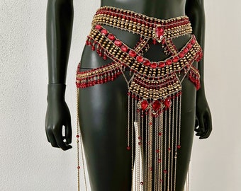 Red Belt~Gold body chain~Body harness~Gold crystal belt~Crystal body chain~Rhinestone belt