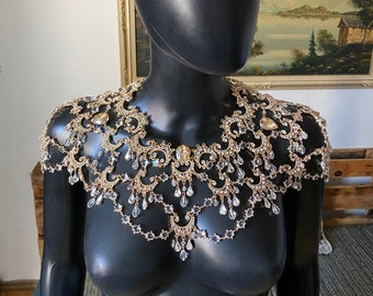 Bridal Gold Crystal Shoulder Necklace, Statement Wedding Jewelry, Rhinestone Body Chain, Shoulder Epaulettes, Wedding Cape, Gift for Bride