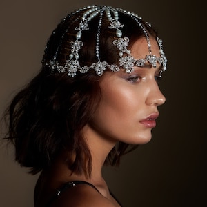 Pearl headpiece ~Silver head chain~ Crystal hairnet~ Bridal forehead band~ Bohemian hair jewelry~ Silver crystal headpiece