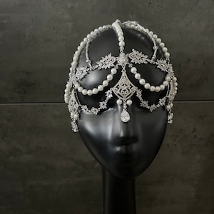 Pearl bride headpiece~Silver headpiece~Pearl headpiece~Wedding hair chain~Bridal head chain~Bohemian headpiece