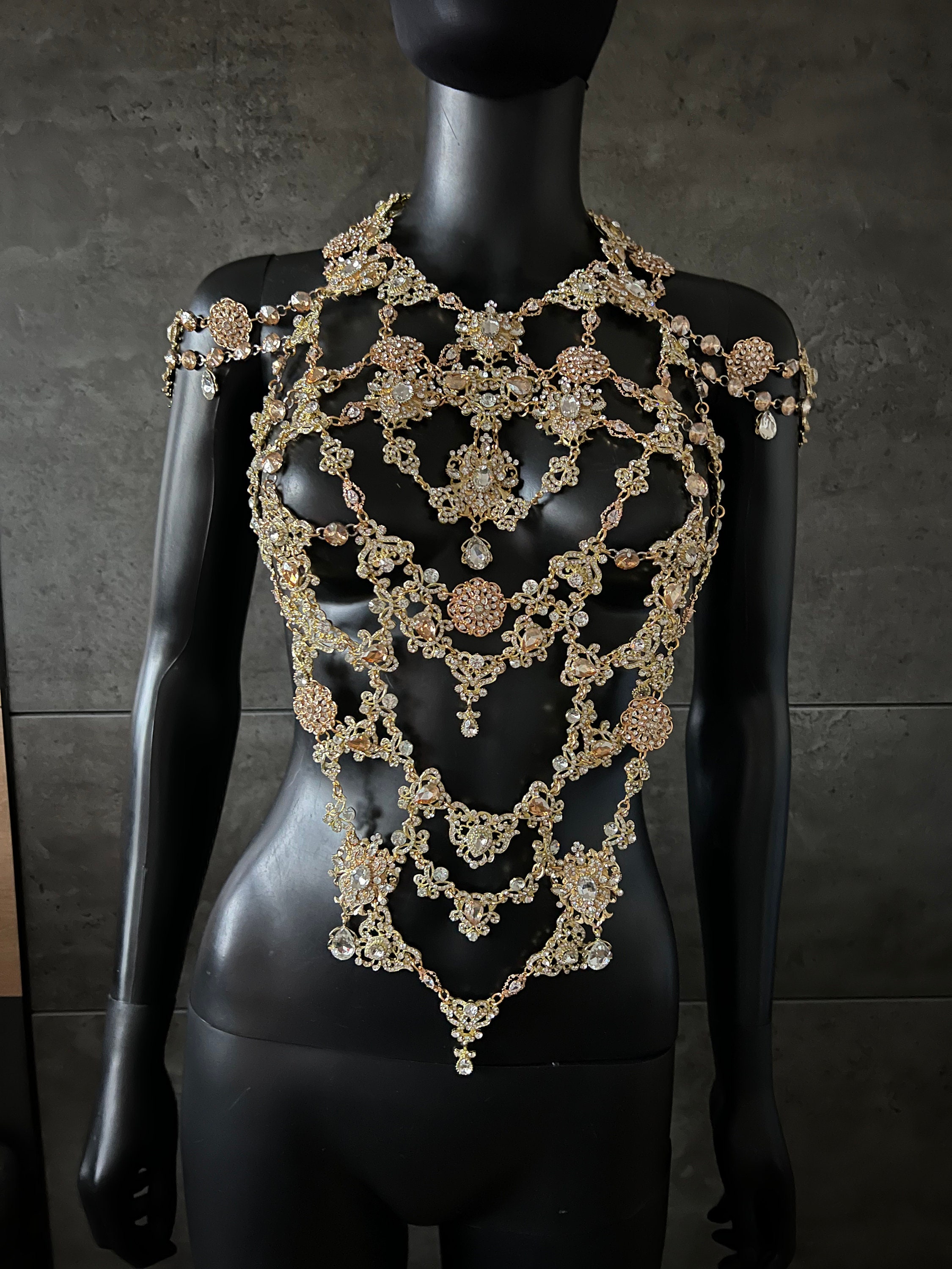 Gold Rhinestone Body Chain Necklace, Bridal Body Jewelry (size 36-38 ...