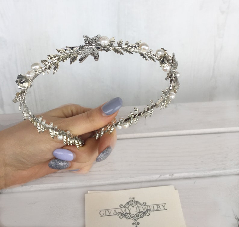 Silver pearl tiara~White pearl tiara~Wedding natur pearl tiara~Natural pearl hair accessory~Bride pearl tiara