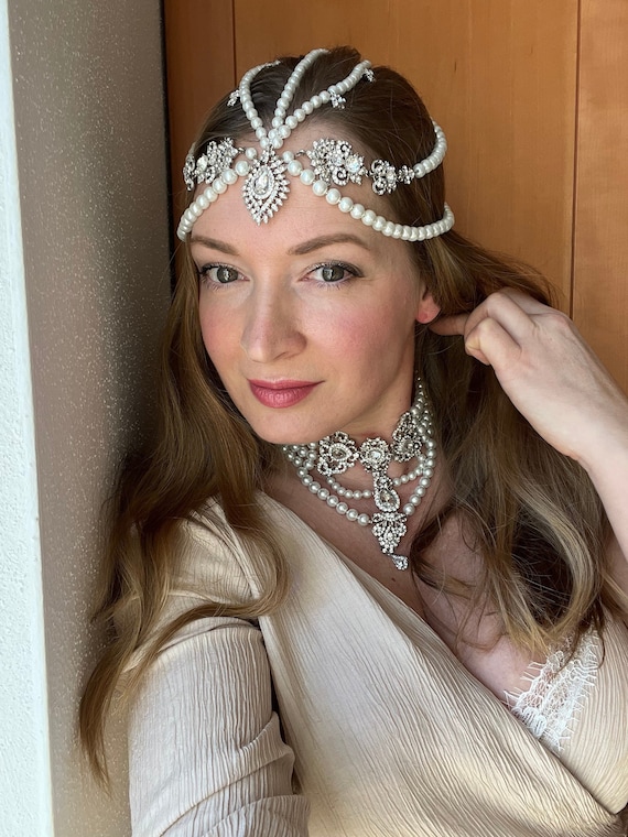 New! Silver Pearl Chain Headband New Amazon.com : CAKURE Boho Head Chain Pearl Tassel Hair Chain  main image 2