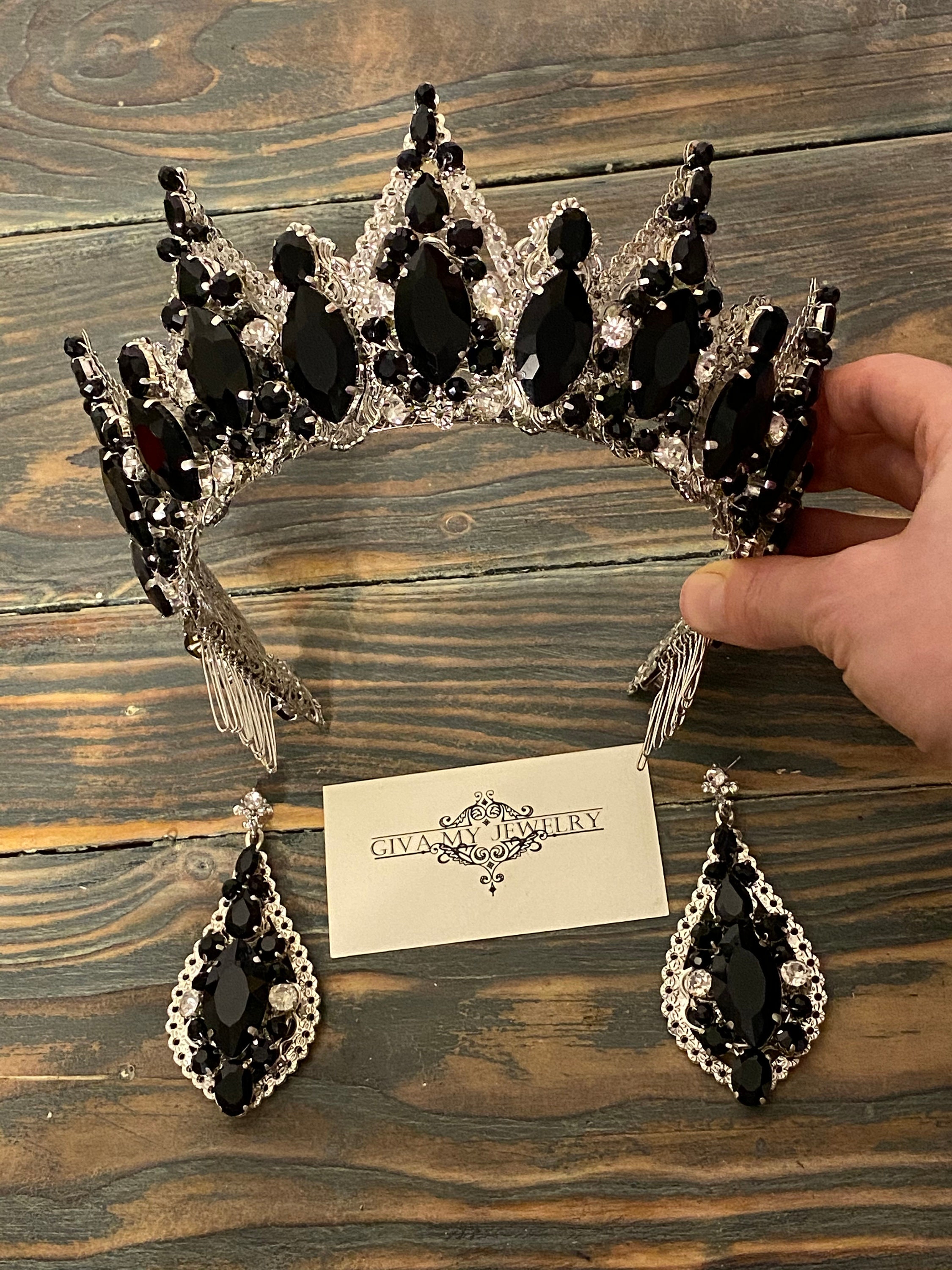 Crown black crystals Goth crownEarrings dropWedding Etsy