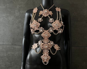 Body chain~Crystal Body Accessory~Full body chain harness~Rose Gold necklace~Body necklace~Rave Outfit