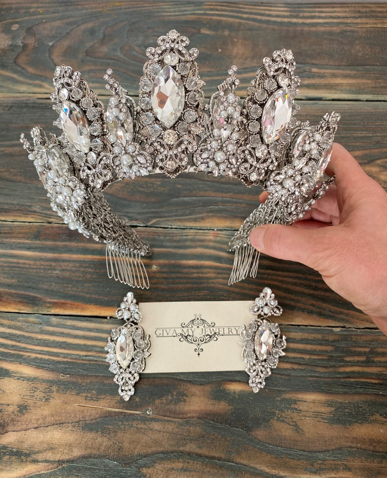 Crystal silver pearl crownWedding crownBridal earringsSilver tiaraSparkling crownSilver bridal diademCrystal bridal tiara image 7