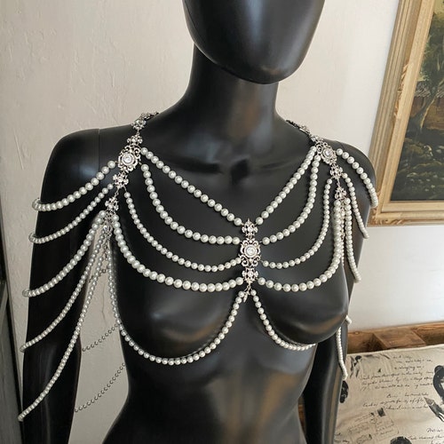 Pearls shops shoulder necklace~Silver pearl shoulder~Wedding shoulder~Body necklace ~Shoulder necklace~Pearls chain necklace