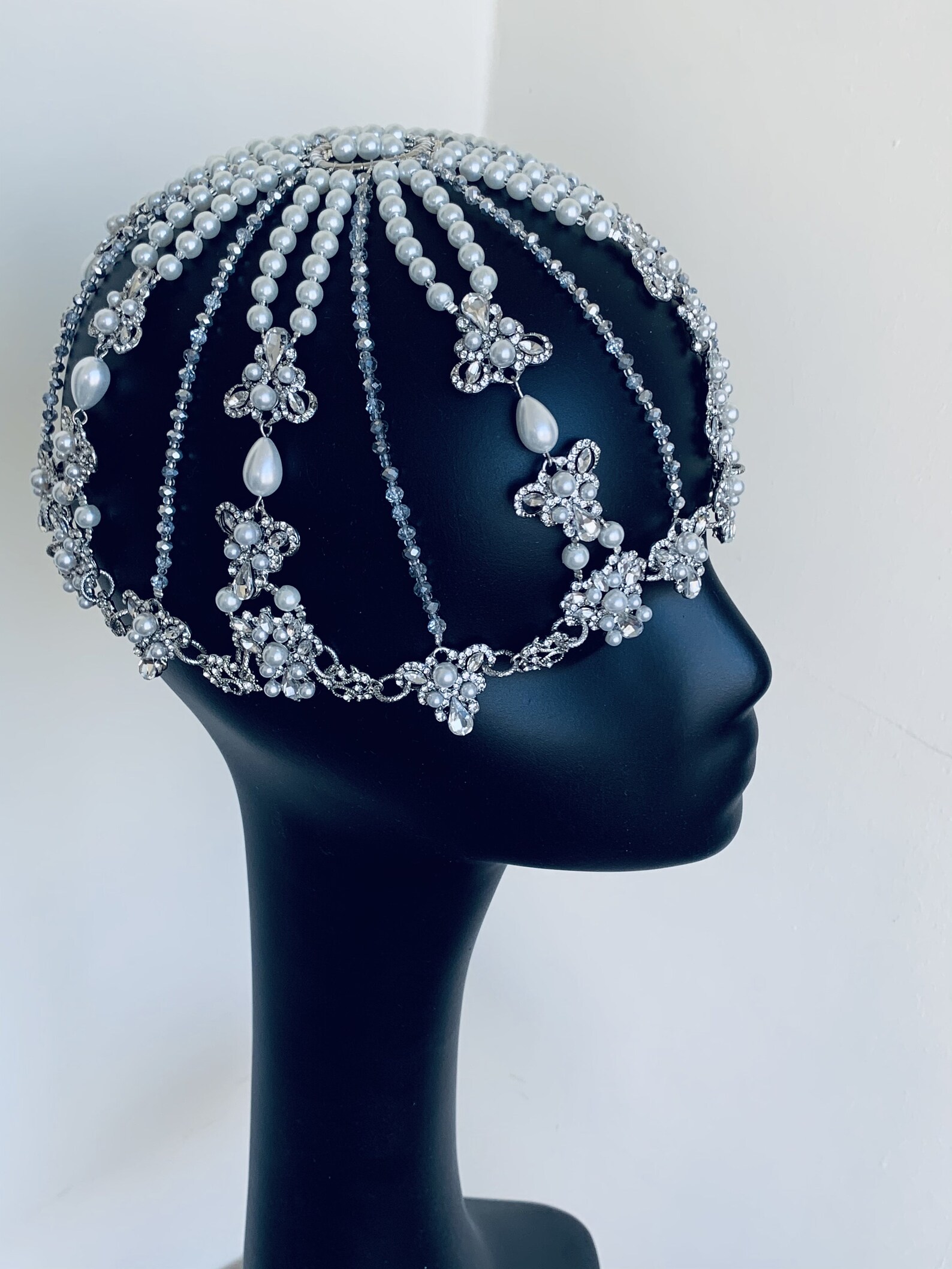 Pearl headpiece Silver head chain Crystal Bridal Etsy