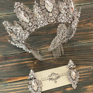 Crystal silver pearl crownWedding crownBridal earringsSilver tiaraSparkling crownSilver bridal diademCrystal bridal tiara image 8