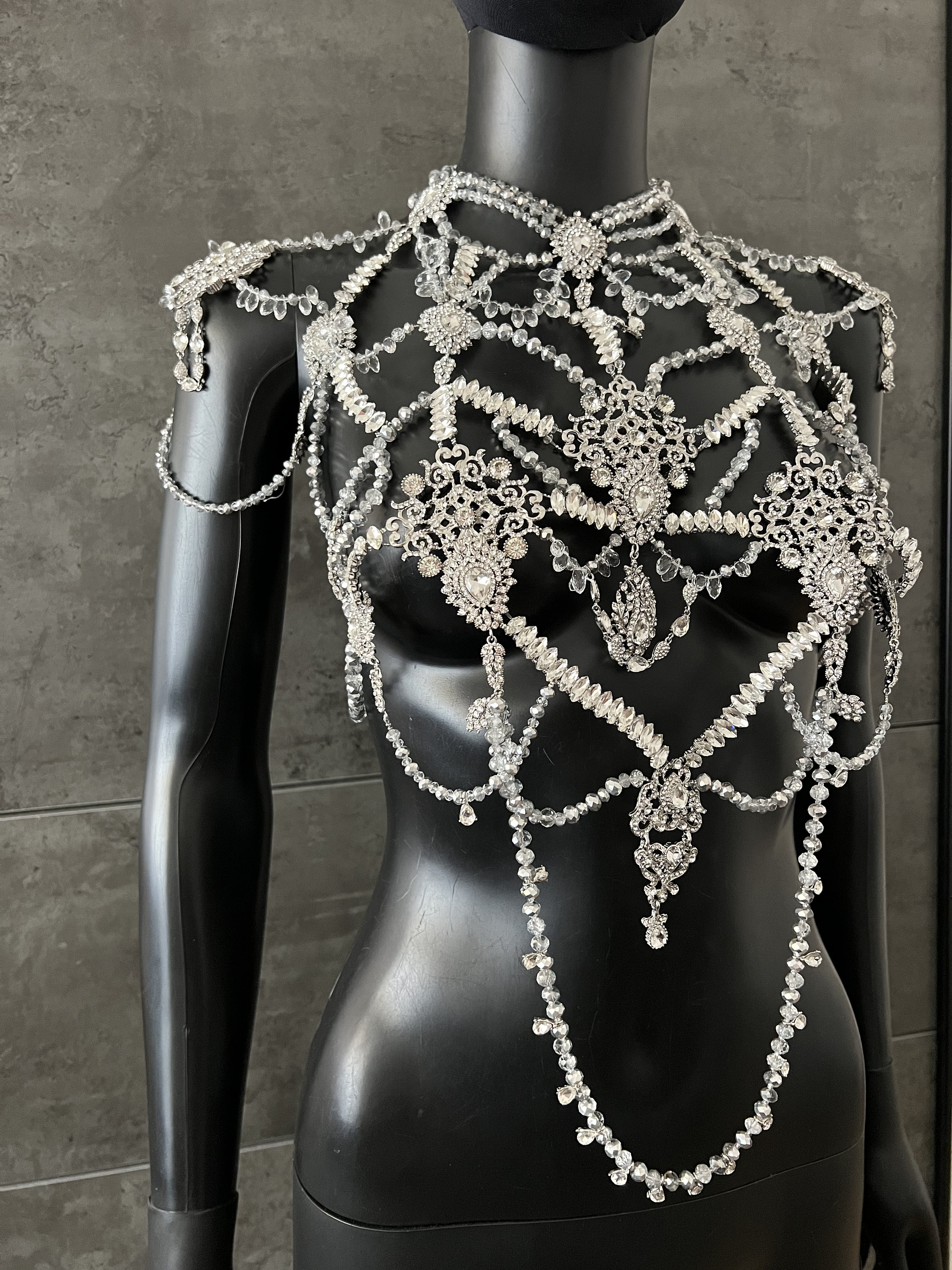 glitterTennis Chain 45cm まいぷさん専用 クリスタルラインストーンボディチェーンネックレス：ブライダル