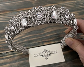 Silver tiara~Bridal crown~Silver crown~Crystal tiara~Rhinestone tiara~Wedding crown