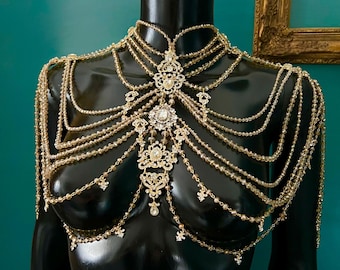 Gold Crystal Bridal Body Chain: Statement Wedding Shoulder Necklace