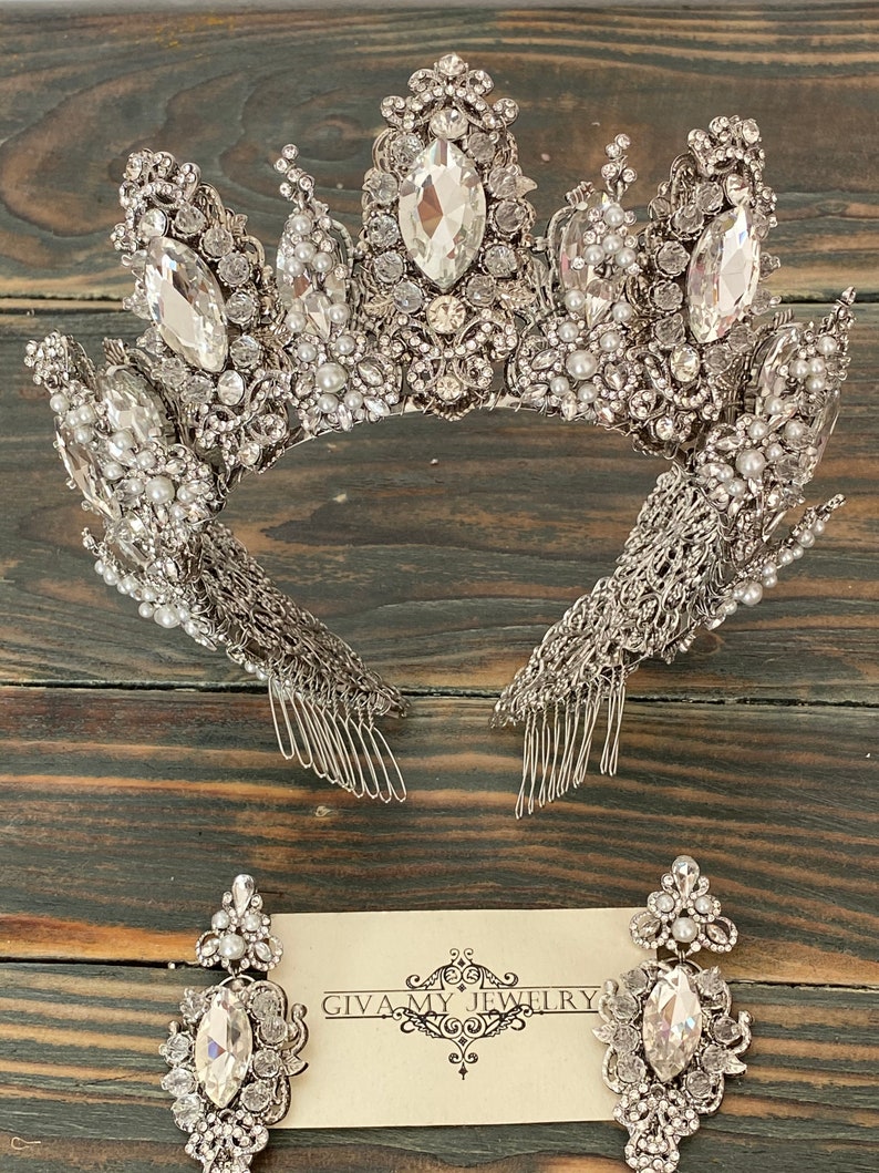 Crystal silver pearl crownWedding crownBridal earringsSilver tiaraSparkling crownSilver bridal diademCrystal bridal tiara image 2