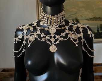Crystal shoulder~Gold necklake ~Shoulder necklace~Bohemian set~Crystal jewelry