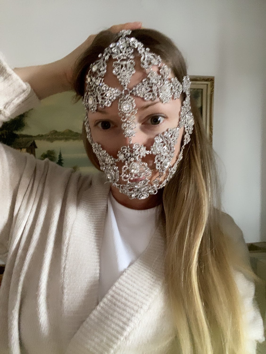 Rave Masker ~ Zilveren gezichtsmasker ~ Zilveren hoofddeksel ~ Kettingmasker ~ Strass gezichtsmasker ~ Zilveren gezichtsketting Accessoires Haaraccessoires Haarsieraden 