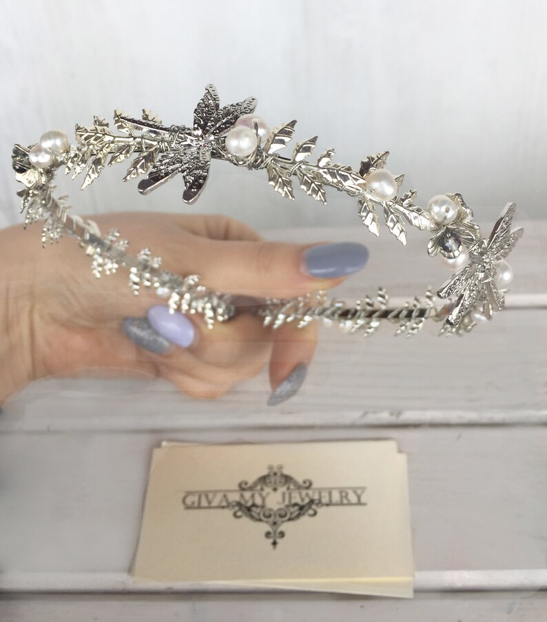 Silver pearl tiara~White pearl tiara~Wedding natur pearl tiara~Natural pearl hair accessory~Bride pearl tiara