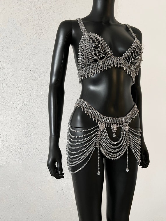 Crystal Bra Crystal Setcrystal Beltsilver Crystal Bra Silver