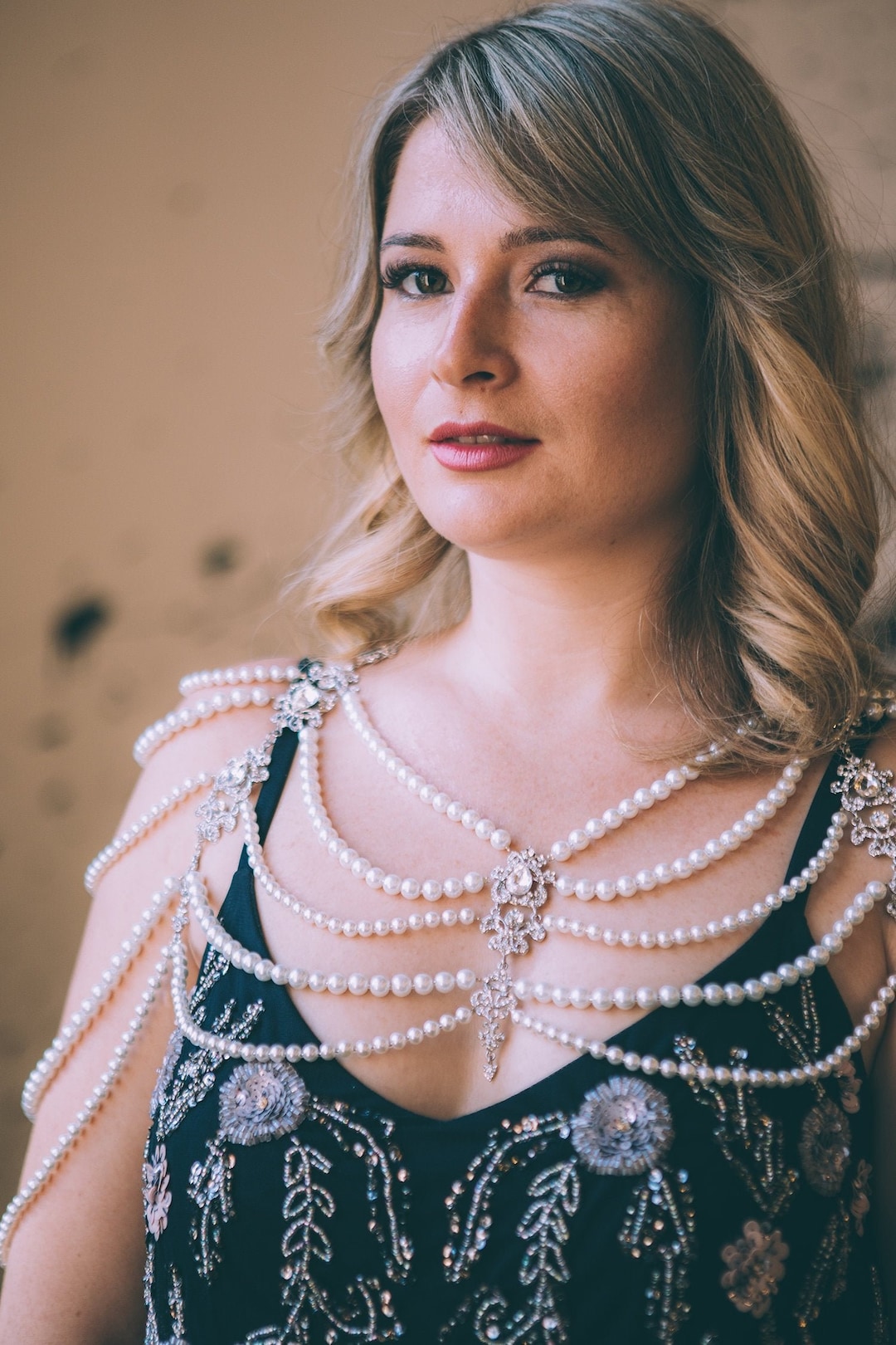 Body Chain A Perle Nere Con Catena Spalla, Lunghezza 125 Cm, Gioiello Fatto A Mano, Elegante Per Matrimoni E Spiaggia - 3