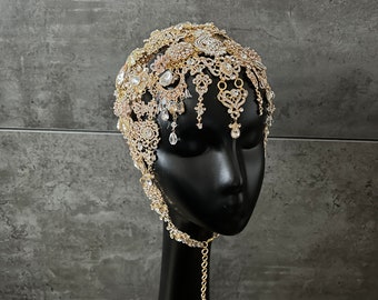 Rhinestone gold headpiece~Statement headpiece~Gold headpiece~Gold bridal headpiece~Statement headpiece