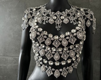 Rhinestone Jewelry Set: Shoulder Harness & Crystal Body Top|  2-in-1 Body Chain Rave Festival Body Jewelry