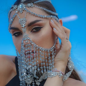 Braut Maske ~ Silber Kopfschmuck ~ Kette Maske ~ Strass Maske ~ Silber Gesicht Kette ~ Silber Gesichtsmaske
