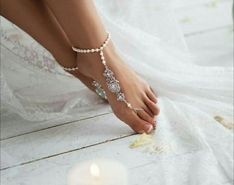 Sandalias descalzas ~ Joyería de pies nupciales ~ Sandalia descalza de perlas de pedrería ~ Tobilleras de perlas ~ Joyería de boda de playa