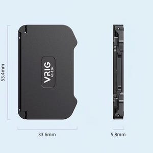May include: A black rectangular VRIG AC-126 camera accessory shown from the front and side. The front view measures 53.4mm in height and 33.6mm in width. The side profile view shows a thickness of 5.8mm. The device features a matte finish.
