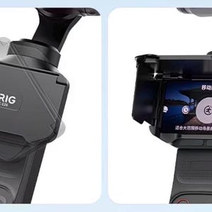 May include: A black VRIG AC-126 smartphone sun hood attached to a gimbal stabiliser. The hood features a folding design to block glare from the screen, which displays a menu with Chinese text and a central icon of a person walking.