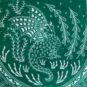 Luke Dragon in viridian green and midnight blue, scandinavian print, limited edition linocut
