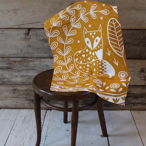 Daniel Fox Tea Towel in yellow ochre, Scandi style, animal lover kitchen gift