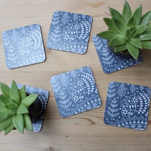 Set of 6 Coasters featuring Edward Squirrel in midnight blue, scandi tableware, melamine coasters
