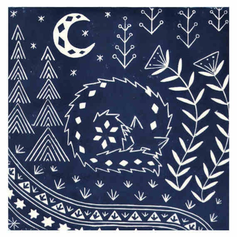 Connor Wolf in midnight blue, scandinavian print, limited edition linocut, woodland animal lover gift image 1