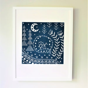 Connor Wolf in midnight blue, scandinavian print, limited edition linocut, woodland animal lover gift image 2