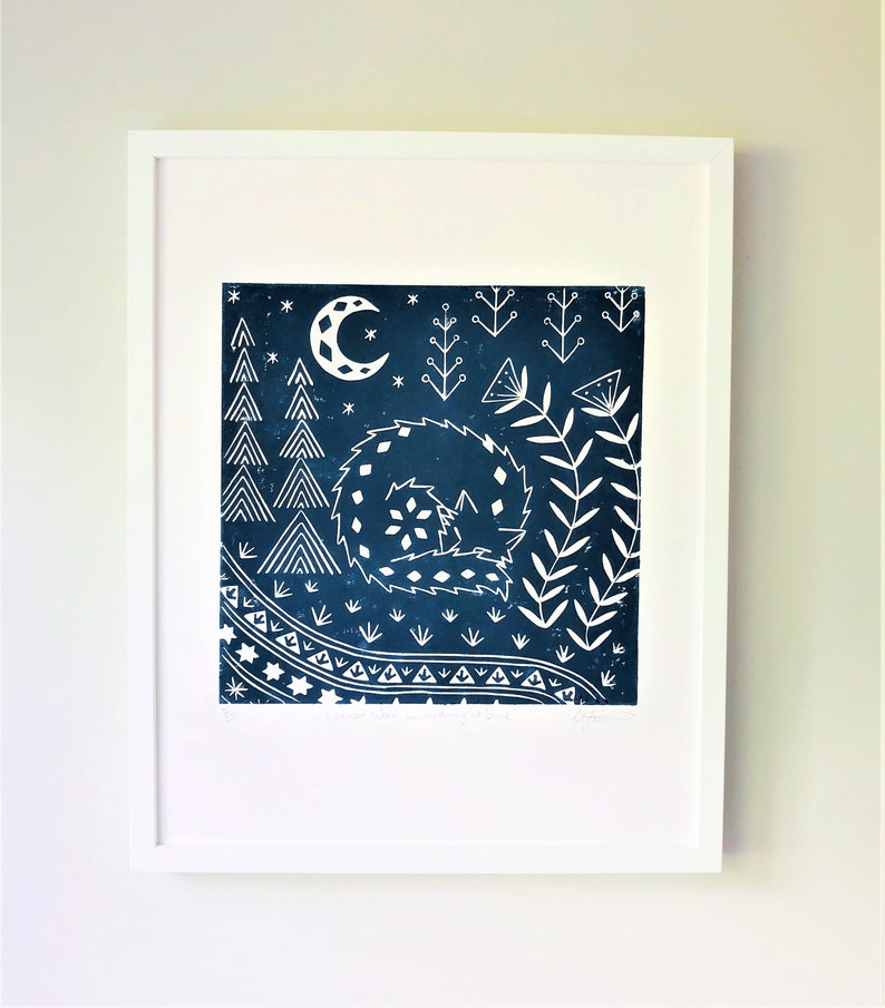 Connor Wolf in midnight blue, scandinavian print, limited edition linocut, woodland animal lover gift image 2